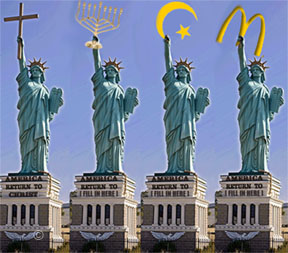 Statue of Liberty holding religious
symbols and Golden Arches