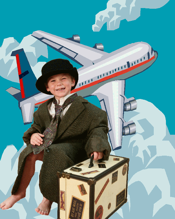picture of little boy with plane in background