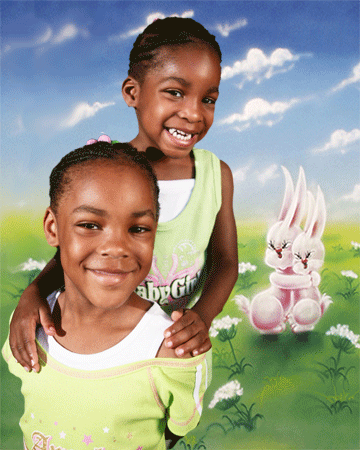 portrait of two girls posing with composited background